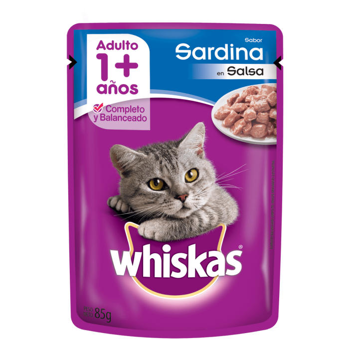 WHISKAS SOBRECITO ADULTO 1+SABOR SARDINA EN SALSA 85GRS